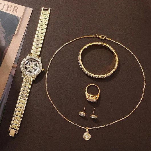 Reloj de Lujo con Patrón de Copo de Nieve y Juego de 5 Piezas en Strass - Image 4