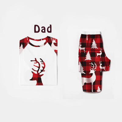 Women's Christmas pajama set with white raglan top featuring a red plaid deer head and matching red plaid pants with deer and trees. - Image 8