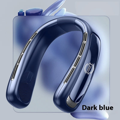 Light blue U-shaped neck fan with a digital display showing 100% charge and multiple air vents. - Image 9