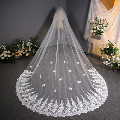 Tocado Nupcial de Encaje con Velo Trailing para Novia