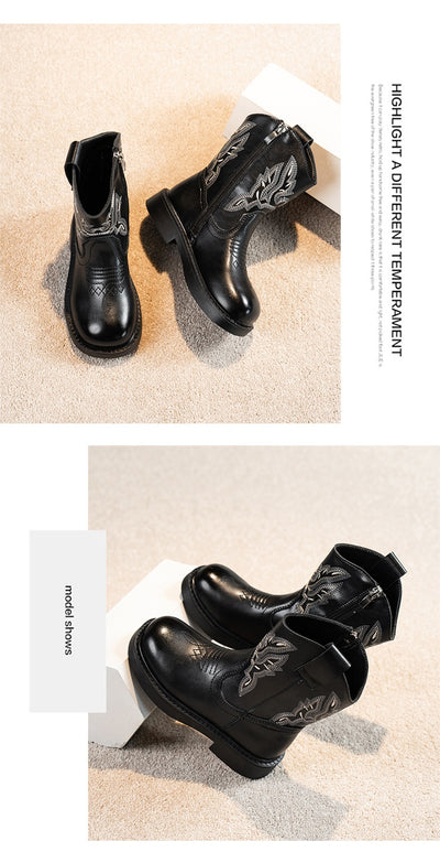 Girls' brown Martin boots with white ethnic embroidery, side zippers, and black soles, displayed on a light carpet. - Image 22
