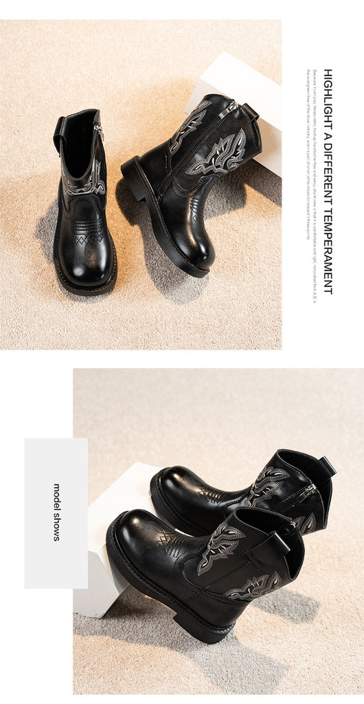 Girls' brown Martin boots with white ethnic embroidery, side zippers, and black soles, displayed on a light carpet. - Image 22
