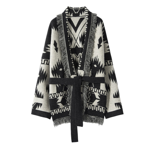 Cardigan Vintage con Jacquard y Borlas para Mujer