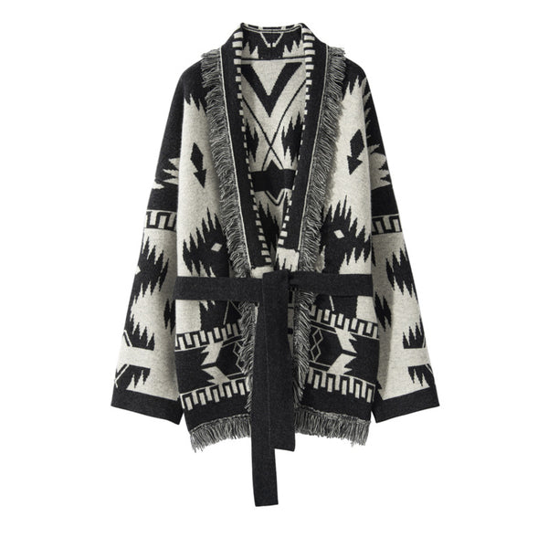 Cardigan Vintage con Jacquard y Borlas para Mujer