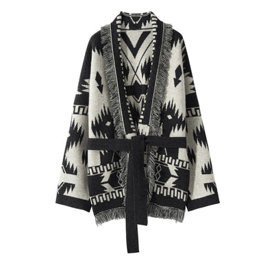 Cardigan Vintage con Jacquard y Borlas para Mujer