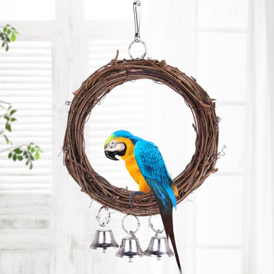 Rattan parrot swing with three silver bells, featuring a metal hook for hanging in a bird cage. - Image 8