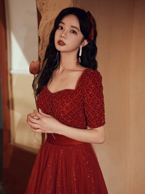 Vestido de Novia Rojo Vino Elegante Slim Fit con Espalda Descubierta - Image 2