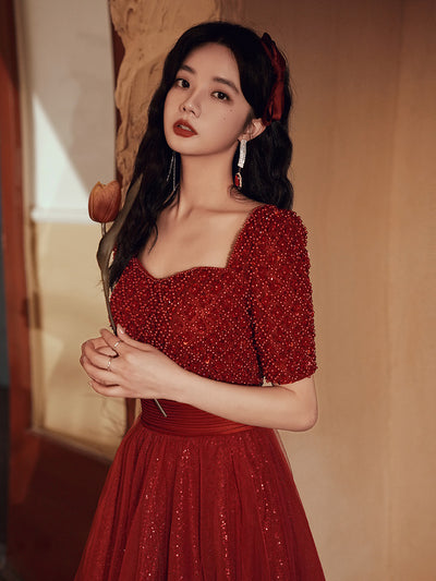 Vestido de Novia Rojo Vino Elegante Slim Fit con Espalda Descubierta - Image 2