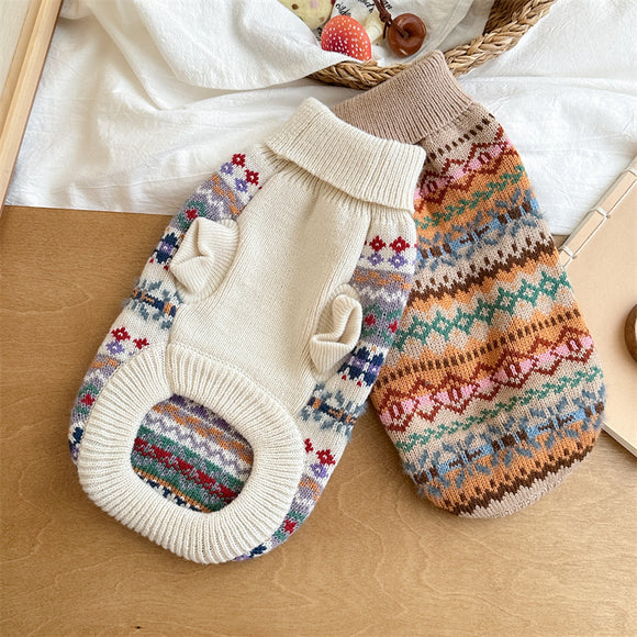Suéter Retro a Rayas Beige - Colección Otoño Invierno con Estampado Gatito y Perrito