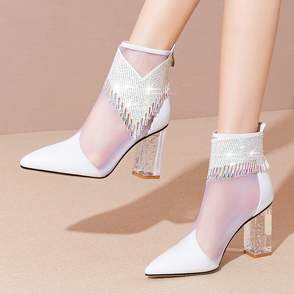 Sandalias Altas de Cuero con Malla Calada para Mujer