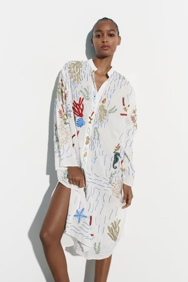 Vestido Camisero Largo Holgado con Bordados para Mujer