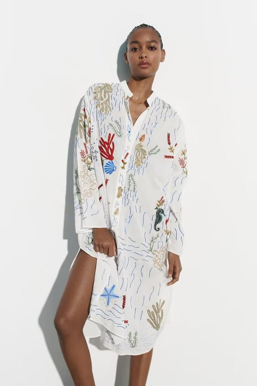Vestido Camisero Largo Holgado con Bordados para Mujer - Image 2