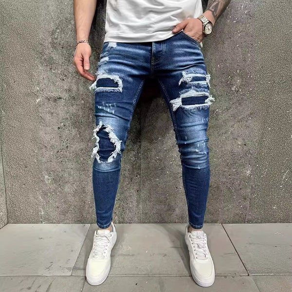Pantalones Vaqueros Rotos con Parches Estilo Europeo y Americano para Hombre
