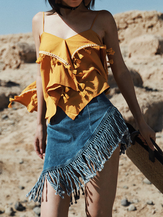 Falda Denim Retro Irregular con Flecos - Image 4