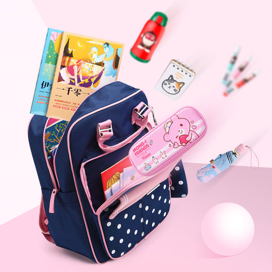 Blue kids' school backpack with white star pattern, front pocket, and matching pencil case. Measures 40x30x13cm. - Image 17