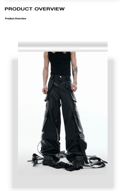 Pantalones de Cuero Retro con Múltiples Bolsillos y Detalles de Costura - Image 14