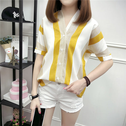 Blusa Mujer Escote V Rayas Manga Corta - Image 3