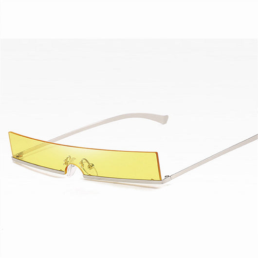Frameless rectangular sunglasses with dark lenses and silver-colored metal temples, featuring an avant-garde style. - Image 5