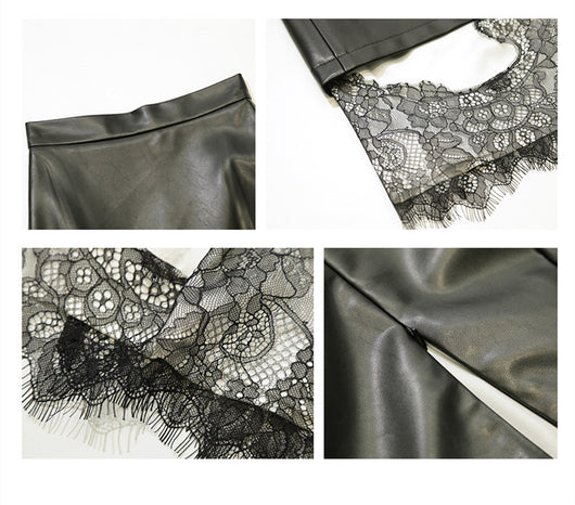 Falda de Cuero con Detalles de Encaje para Mujer - Image 3