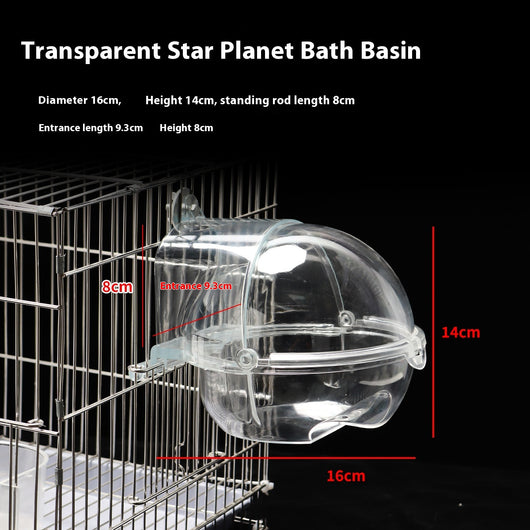 Transparent spherical bird bathtub with a perch, designed to attach to a bird cage, showing dimensions. - Image 10