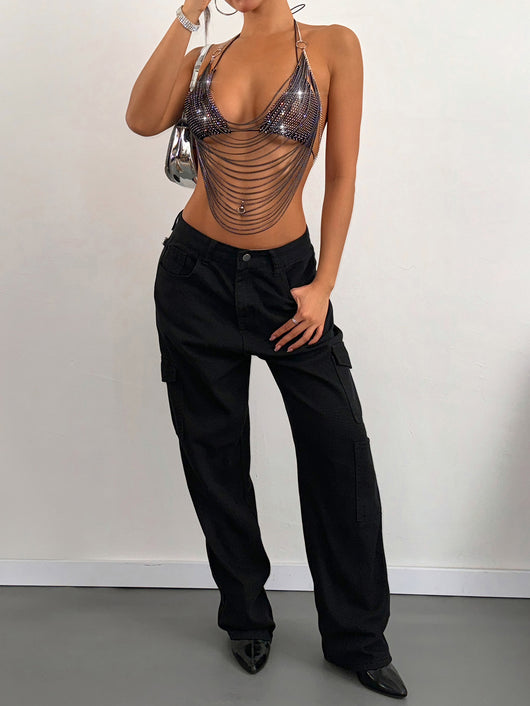 Conjunto de Dos Piezas: Top Halter Fishnet con Strass y Detalles Metálicos - Image 13
