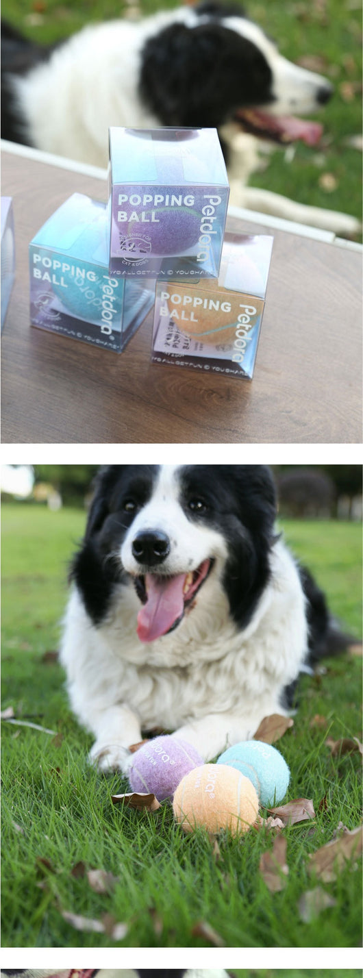 Peach yellow Petdora high elastic tennis ball dog toy next to its clear iridescent 'Popping Ball' packaging. - Image 10