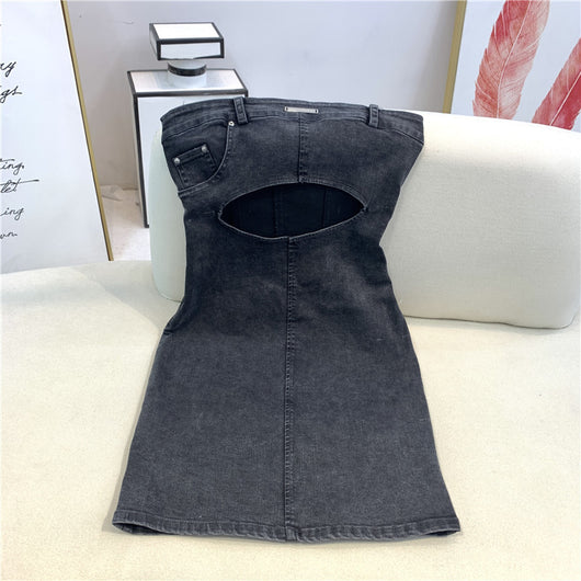 Falda Tubo Hueca Denim Gris Negro - Vestido Tirante Mujer Verano - Image 11