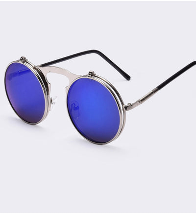 Retro flip-up sunglasses with round dark polarized lenses and a gold-tone metal frame with dark red temples. - Image 11