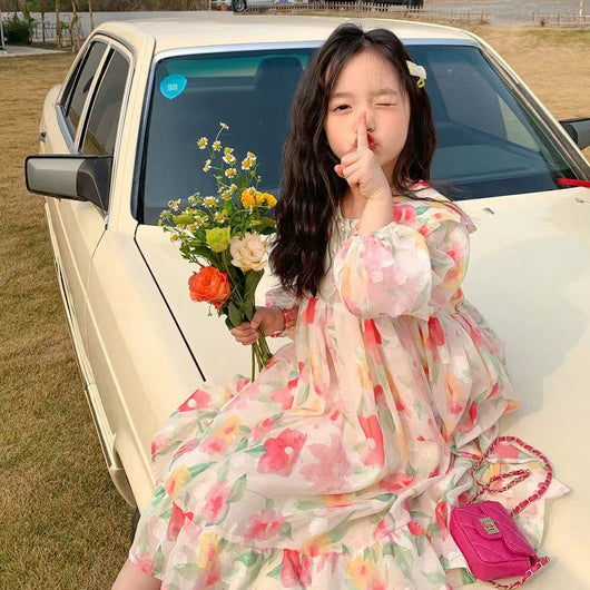 Vestido Infantil de Gasa Floral Manga Larga para Fiestas - Image 2