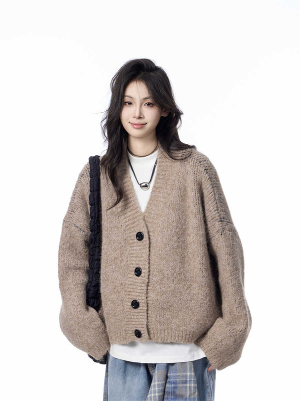 Cardigan de Punto Cuello V Mujer Estilo Relajado Suéter Holgado