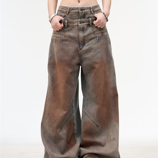 Jeans Retro Americano Cintura Doble Efecto Lavado para Mujer