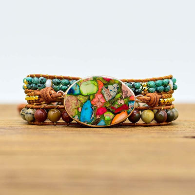 Pulsera de Cuero Natural con Piedras de Colores Combinados - Image 4