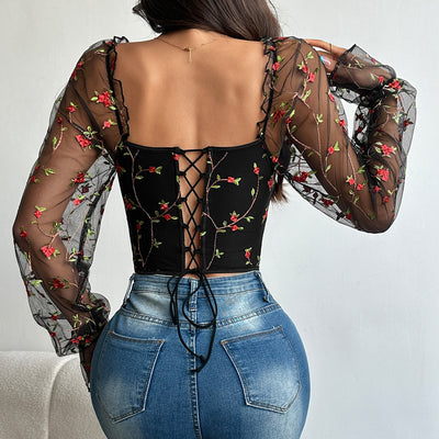 Blusa Larga de Malla Transparente con Parches Bordados - Image 17
