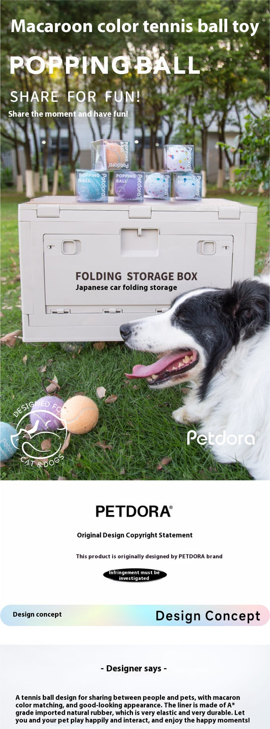 Peach yellow Petdora high elastic tennis ball dog toy next to its clear iridescent 'Popping Ball' packaging. - Image 13