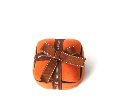 Orange plush dog toy shaped like a coffee cup with 'HAIRMES Cafe Paw Lait' and a paw print embroidered on it. - Image 6