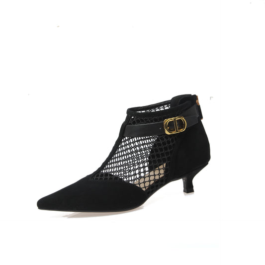 Botas de Red con Tacón Bajo y Punta Afilada en Gamuza de Oveja