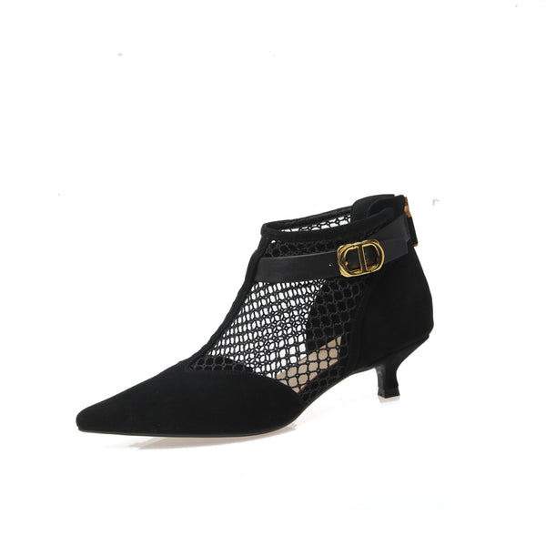 Botas de Red con Tacón Bajo y Punta Afilada en Gamuza de Oveja