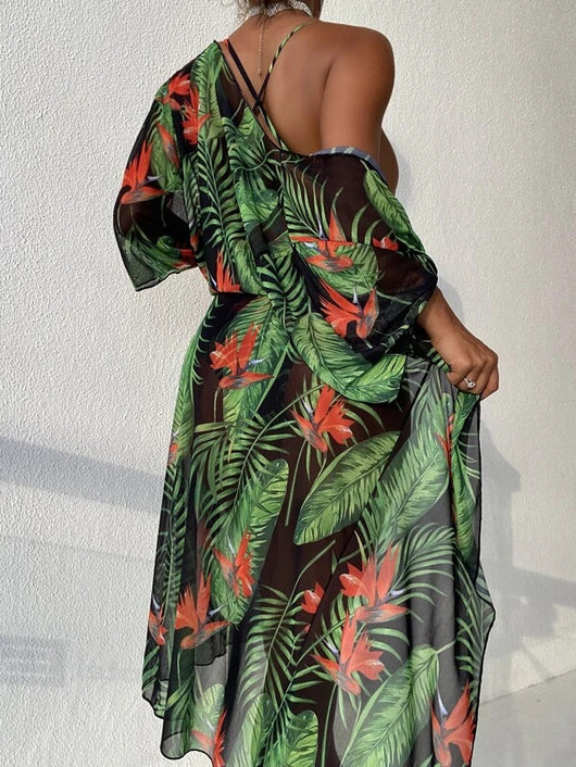 Women's tropical print one-piece swimsuit with deep V-neck and high-cut leg, paired with a matching long-sleeve cover-up. - Image 18