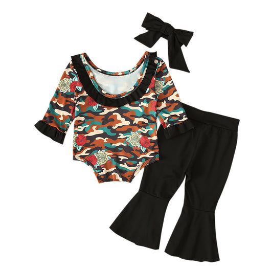Conjunto Infantil Estilo Militar: Romper Manga Larga, Pantalón Acampanado y Diadema - Image 6