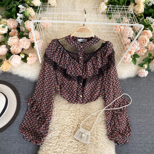 Blusa Floral Estilo Occidental con Mangas Abullonadas y Malla Transparente - Image 7