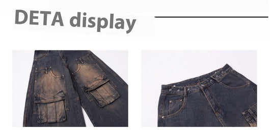Pantalones Cargo Vintage Desgastados Multi-bolsillos Pierna Ancha Suelta - Image 9