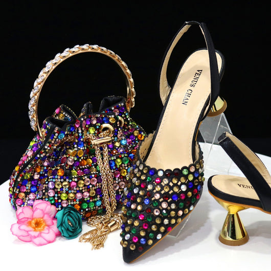 Bolso de Piedra Colorida con Zapatos de Tacón Medio y Punta Afilada para Mujer - Image 8