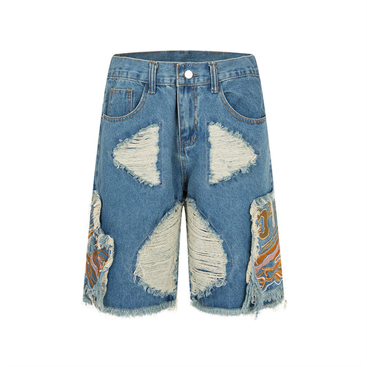 Shorts de Mezclilla Rotos con Bordado para Hombre