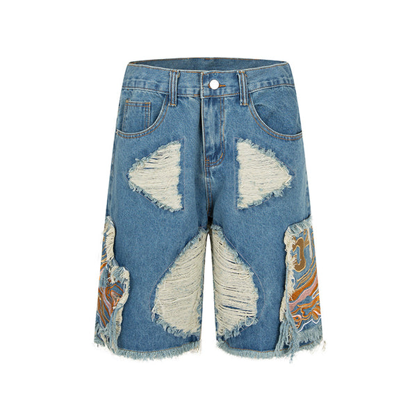 Shorts de Mezclilla Rotos con Bordado para Hombre