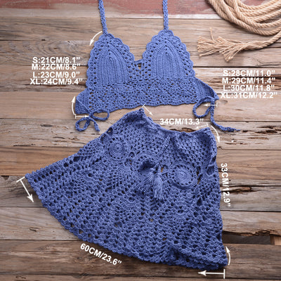 Light beige crochet bikini set with a halter crop top and a matching open-knit mini skirt with tassels. - Image 19