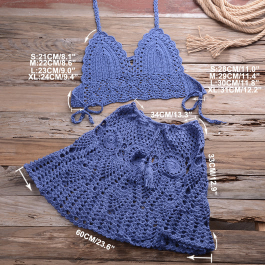 Light beige crochet bikini set with a halter crop top and a matching open-knit mini skirt with tassels. - Image 19
