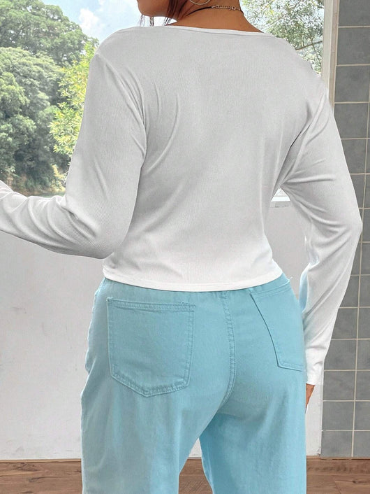 Blusa Casual Ajustada de Punto Elástico Manga Larga Versátil - Image 9