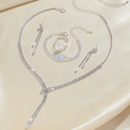 Sparkling rhinestone necklace, dangle earrings, and bracelet set on a black display, perfect for formal events. - Image 8