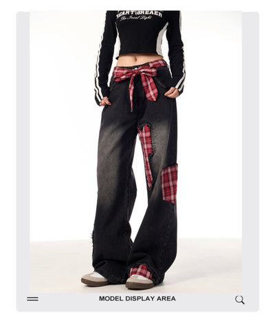 Pantalones Jeans Rectos Anchos para Mujer con Cuadros y Moño - Image 10