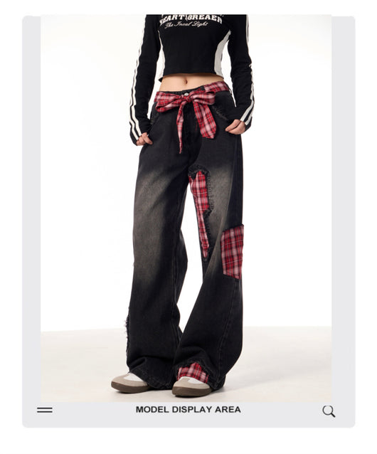 Pantalones Jeans Rectos Anchos para Mujer con Cuadros y Moño - Image 10